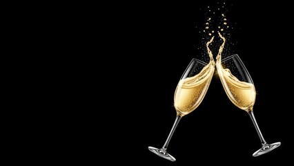 Two elegant champagne flutes clinking together with a celebratory splash against a dark background, symbolizing joy and special occasions.