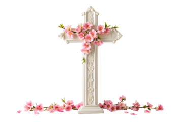 Ornate white cross with delicate pink cherry blossoms, isolated on a transparent background