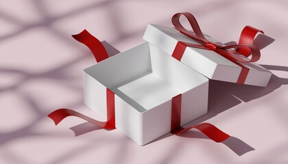 Empty White Birthday Gift Box with Red Ribbon and Shadow on Soft Pink Background