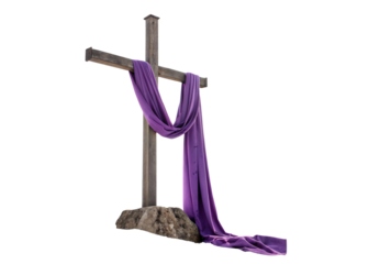 Weathered wooden cross with purple drape on rocky base, isolated on a transparent background