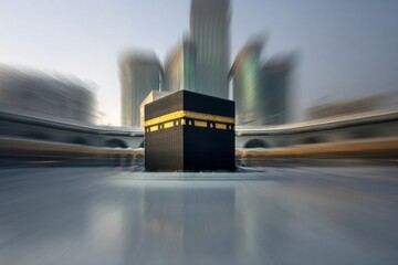 Sacred structure wrapped in dark cloth with golden embroidery stands amidst modern high-rise buildings with motion blur effect