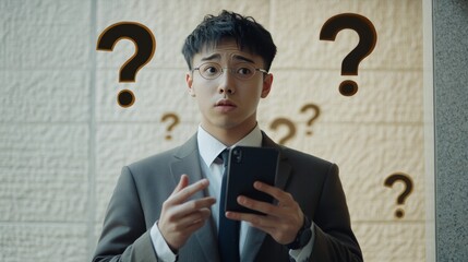 A man in a suit looking puzzled with question marks around his head