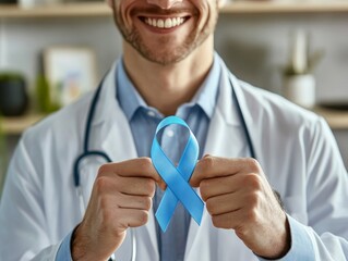 A physician proudly displays a blue ribbon, often associated with health awareness campaigns, symbolizing support for patients and the medical community.