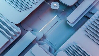 Futuristic abstract food processing or kitchen appliance with sleek metallic design in cool blue