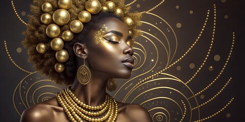 Golden woman. Beauty fashion model girl with golden make up, hair and jewellery on black background
