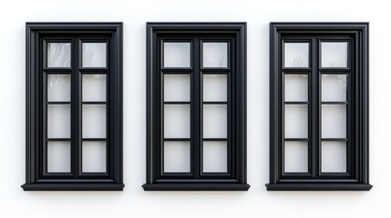 Obraz premium Series of four double-hung windows aligned vertically against a plain background. The window panes are divided into sections by dark mullions that run horizontally across the glass