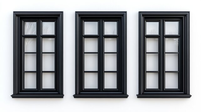 Series of four double-hung windows aligned vertically against a plain background. The window panes are divided into sections by dark mullions that run horizontally across the glass