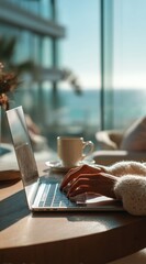 Remote Work Lifestyle at Home, Person Using Laptop Near Window in Modern Minimal Interior, Natural Daylight, Productivity and Work From Home Concept