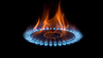 Blue and Orange Flames Dance on a Gas Burner Against a Dark Background overlay
