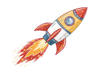 Vintage rocket ship flying upward with flames and stars, isolated on a transparent background