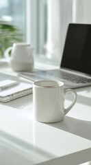 Business Startup Concept with Modern Office Desk, Laptop, Notebook and Pen, Abstract City Background Blur, Fresh Start, Innovation and Growth