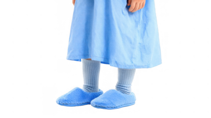 Low section of a child wearing a cozy blue nightgown and fluffy slippers, standing on a transparent background, perfectly suited for a relaxing bedtime routine at home