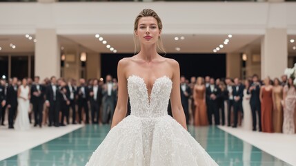 Naklejka premium Elegant Bride in Exquisite Ballroom Gown at Luxurious Wedding Ceremony