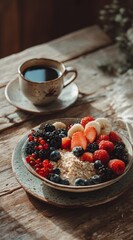 Healthy Breakfast with Oatmeal, Fresh Fruits and Coffee on Clean Wooden Table, Soft Natural Light, Minimal Composition, Wellness and Self Care Concept
