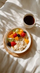 Healthy Breakfast with Oatmeal, Fresh Fruits and Coffee on Clean Wooden Table, Soft Natural Light, Minimal Composition, Wellness and Self Care Concept