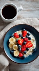 Healthy Breakfast with Oatmeal, Fresh Fruits and Coffee on Clean Wooden Table, Soft Natural Light, Minimal Composition, Wellness and Self Care Concept
