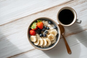 Healthy Breakfast with Oatmeal, Fresh Fruits and Coffee on Clean Wooden Table, Soft Natural Light, Minimal Composition, Wellness and Self Care Concept