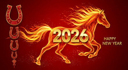 Fiery horse image, golden year 2026, "Happy New Year" text. Red horseshoe. Representing Chinese New Year, new beginning and good fortune.
