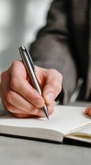 Close-Up of Businessman Hands Writing Goals in Notebook, Soft Daylight, Clean Background, Shallow Depth of Field, New Year Resolution and Goal Setting Concept