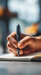 Close-Up of Businessman Hands Writing Goals in Notebook, Soft Daylight, Clean Background, Shallow Depth of Field, New Year Resolution and Goal Setting Concept