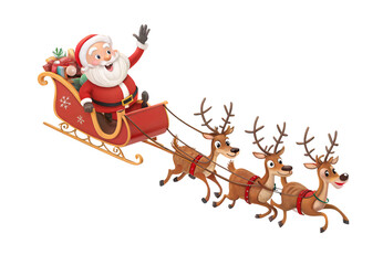 Fototapeta premium Santa Claus riding sleigh with three reindeer waving hand, isolated on a transparent background