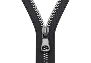 Black metal zipper partially open showing teeth and slider, isolated on a transparent background