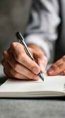 Close-Up of Businessman Hands Writing Goals in Notebook, Soft Daylight, Clean Background, Shallow Depth of Field, New Year Resolution and Goal Setting Concept