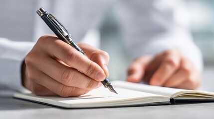 Close-Up of Businessman Hands Writing Goals in Notebook, Soft Daylight, Clean Background, Shallow Depth of Field, New Year Resolution and Goal Setting Concept