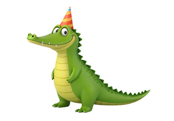 Fototapeta premium Green cartoon crocodile wearing orange striped party hat smiling, isolated on a transparent background