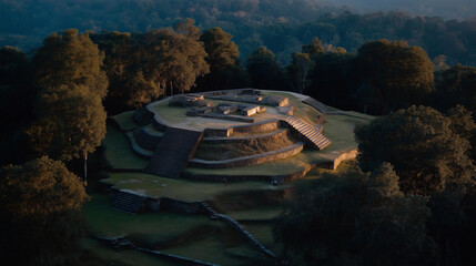A Maya ballcourt captured from above, stone walls glowing in afternoon light as visitors walk the same sacred grounds where ritual games once sealed alliances and destinies — cultural heritage