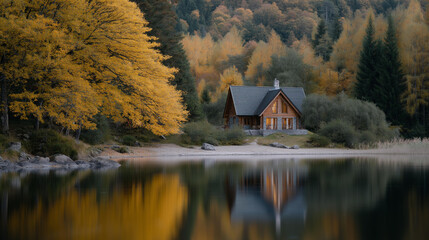A secluded lakeside wooden cabin surrounded by autumn foliage, reflections of golden trees shimmering on calm water for a tranquil nature escape scene. cinematic color correction, natural uneven