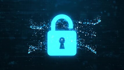 A glowing cyan digital padlock icon, formed by vibrant sparkling particles, illustrating data security in a futuristic abstract style against a dark digital cyberspace background. - Powered by Adobe