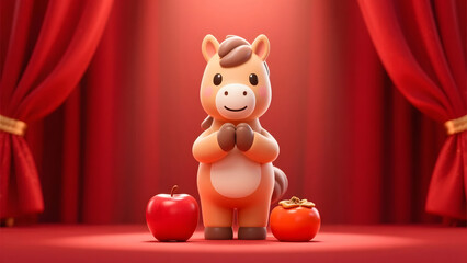 A cheerful pony offering New Year greetings with symbolic fruits