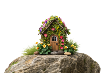 Moss covered cottage with colorful flowers on stone rock, isolated on a transparent background