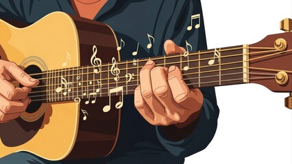 Close-up of a person playing an acoustic guitar with musical notes floating around.