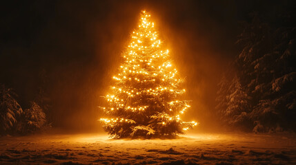 Christmas tree in forest. Christmas tree in snow covered pine woods at night