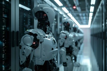 Robots working in data center server racks for technology