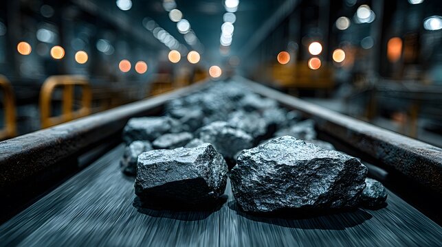 Conveyor belt full of rough silver ore rocks in an industrial mining setting with a metallic sheen on the stones and motion blur.