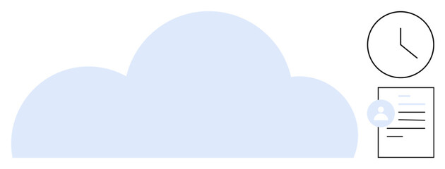 Cloud storage, time management, user data, digital organization, cloud technology, personal records. Blue cloud, clock user profile and document. Cloud storage and time management concept
