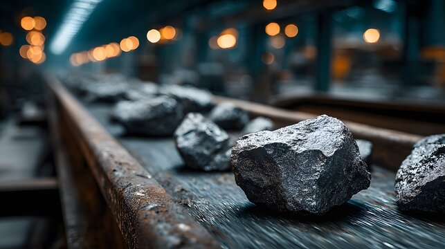 Conveyor belt full of rough silver ore rocks in an industrial mining setting with a metallic sheen on the stones and motion blur.