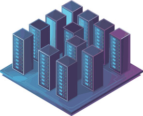 Isometric Neon Server Racks Array - Data Center and Cloud Computing Technology