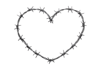 Barbed wire formed into heart shape silver metal frame, isolated on a transparent background