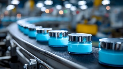Conveyor line of premium cosmetic cream jars moving through a clean industrial factory setting with a soft blue and white palette.