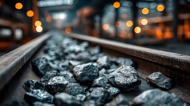 Conveyor belt full of rough silver ore rocks in an industrial mining setting with a metallic sheen on the stones and motion blur.