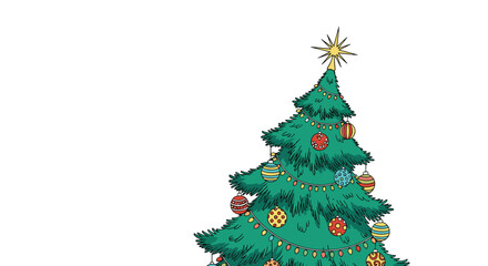 Fototapeta premium Decorated Christmas tree with colorful ornaments, lights, and a star on top, with ample copy space on a white background banner.