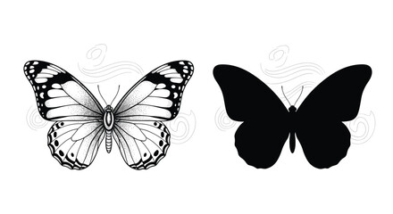 Obraz premium Detailed hand-drawn butterfly illustration with dotwork shading and its corresponding solid black silhouette on a white background.