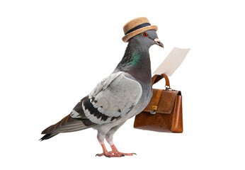 Pigeon wearing straw hat holding paper and brown briefcase businessman, isolated on a transparent background © Tanicsean