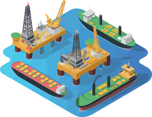 Isometric Offshore Oil and Gas Industry: Drilling Platforms and Petroleum Tanker Ships on the Ocean