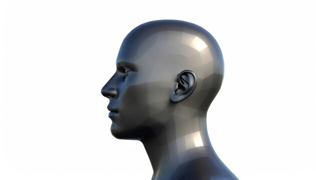 futuristic human head sculpture with smooth reflective surface and detailed facial features in