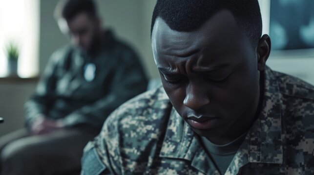 Close-up image of a military soldier wearing camouflage uniform with a concerned or pensive expression.